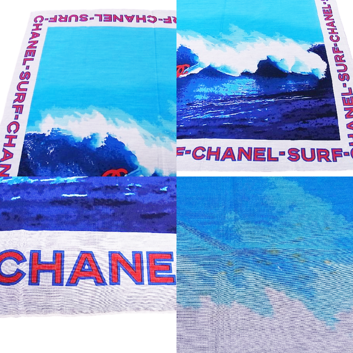 Chanel Surf CC Logo Print Cotton Silk Blend Blue White Shawl Scarf 