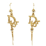 Christian Dior Logo Rhinestone Crystal Gold Dangle Earrings