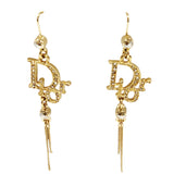 Christian Dior Logo Rhinestone Crystal Gold Dangle Earrings