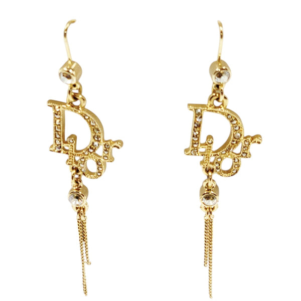 Christian Dior Logo Rhinestone Crystal Gold Dangle Earrings