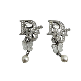 Christian Dior Logo Rhinestone Crystal Silver Pearl Earrings