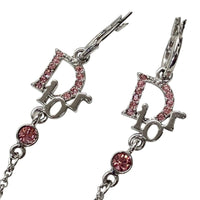 Christian Dior Logo Rhinestone Crystal Pink Ruby Rose Red Silver Dangle Earrings