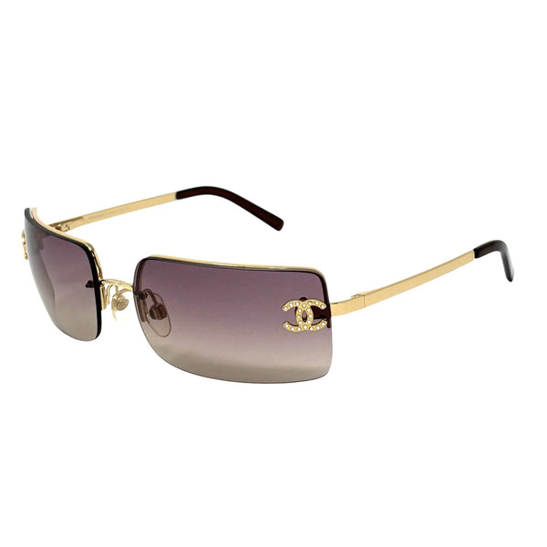 Chanel Rhinestone CC Logo Purple Tinted Gold Sunglasses