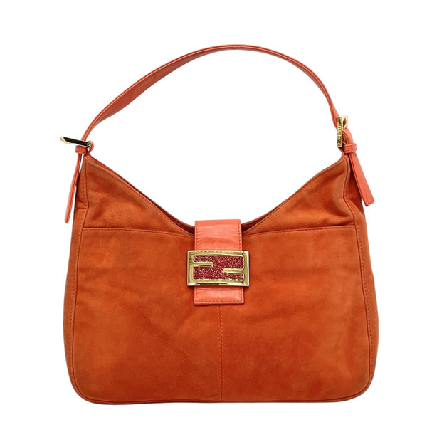 Fendi Orange Gold Suede Leather Glitter Mamma Shoulder Bag