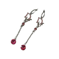 Christian Dior Logo Rhinestone Crystal Pink Ruby Rose Red Silver Dangle Earrings