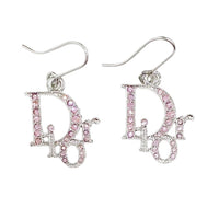 Christian Dior Logo Rhinestone Crystal Pink Silver Hoop Earrings