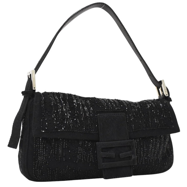 Fendi Mamma Pony Leather Black Beaded Suede Shoulder Bag