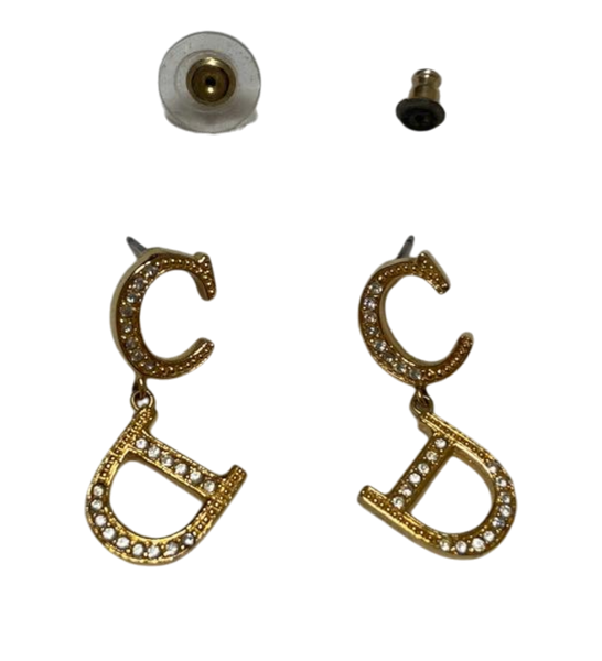 Christian Dior Monogram CD Logo Rhinestone Gold Hoop Earrings