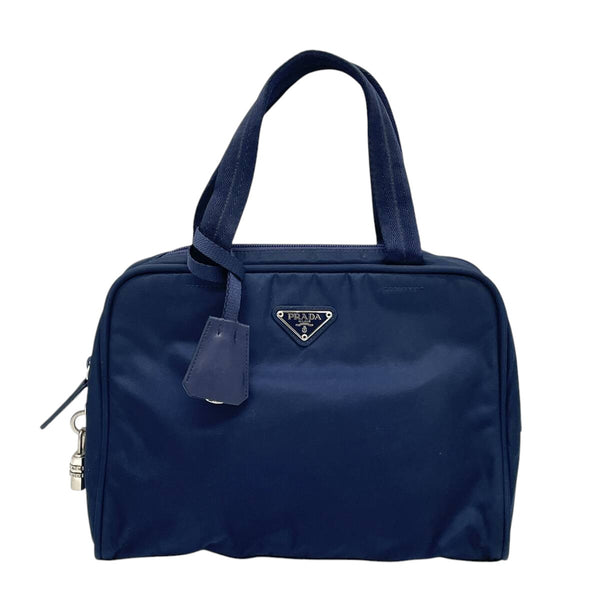 Prada Dark Navy Blue Logo Boston Tote Hand Bag