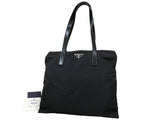 Prada Nylon Black Logo Calf Leather Tote Shoulder Bag