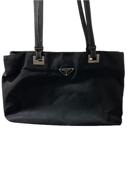 Prada Nylon Black Logo Calf Leather Tote Shoulder Bag
