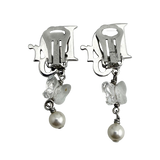 Christian Dior Logo Rhinestone Crystal Silver Pearl Earrings