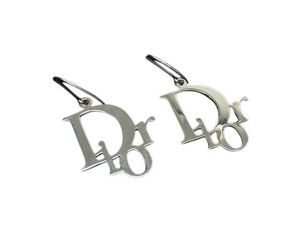 Christian Dior Logo Spellout Silver Hoop Earrings