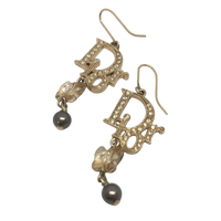 Christian Dior Logo Rhinestone Crystal Gold Pearl Earrings