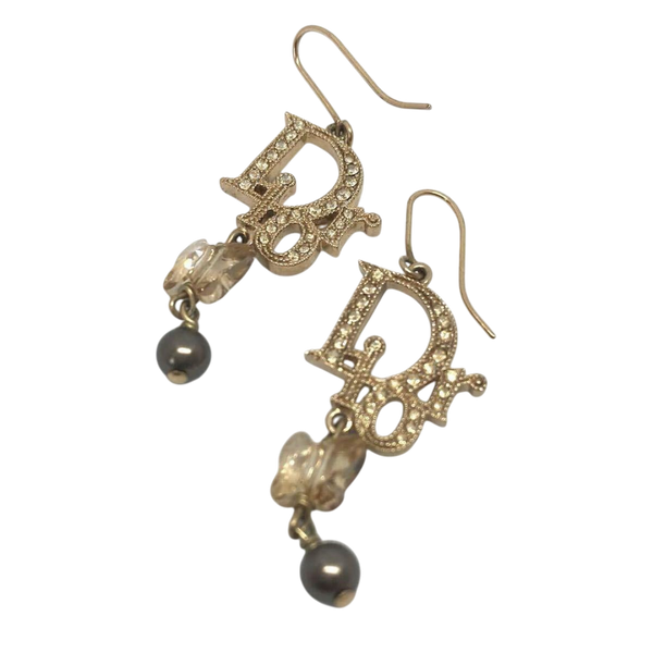 Christian Dior Logo Rhinestone Crystal Gold Pearl Earrings