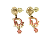 Christian Dior Gold Logo Rose Red Pink Crystal Earrings