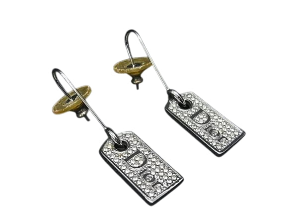 Christian Dior Dog Tag Silver Crystal Rhinestone Drop Earrings