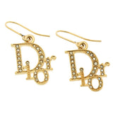 Christian Dior Logo Rhinestone Crystal Gold Hoop Earrings