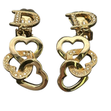 Christian Dior Logo Rhinestone Crystal Gold Heart Earrings