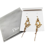 Christian Dior Logo Rhinestone Crystal Gold Dangle Earrings