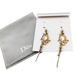 Christian Dior Logo Rhinestone Crystal Gold Dangle Earrings