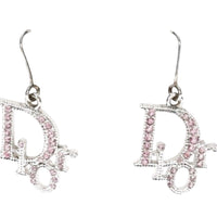 Christian Dior Logo Rhinestone Crystal Pink Silver Hoop Earrings