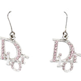 Christian Dior Logo Rhinestone Crystal Pink Silver Hoop Earrings