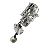 Christian Dior Logo Rhinestone Crystal Silver Pearl Earrings