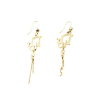 Christian Dior Logo Rhinestone Crystal Gold Dangle Earrings
