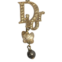 Christian Dior Logo Rhinestone Crystal Gold Pearl Earrings