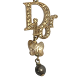 Christian Dior Logo Rhinestone Crystal Gold Pearl Earrings