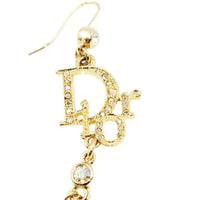 Christian Dior Logo Rhinestone Crystal Gold Dangle Earrings