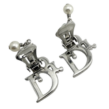 Christian Dior Logo Rhinestone Crystal Silver Pearl Earrings