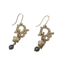 Christian Dior Logo Rhinestone Crystal Gold Pearl Earrings