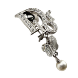 Christian Dior Logo Rhinestone Crystal Silver Pearl Earrings