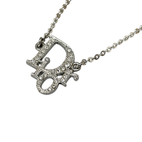 Christian Dior Silver Logo Rhinestone Crystal Chain Necklace