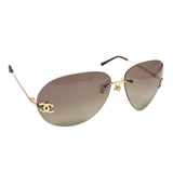 Chanel CC Logo Aviator Rhinestone Brown Tinted Gold Sunglasses