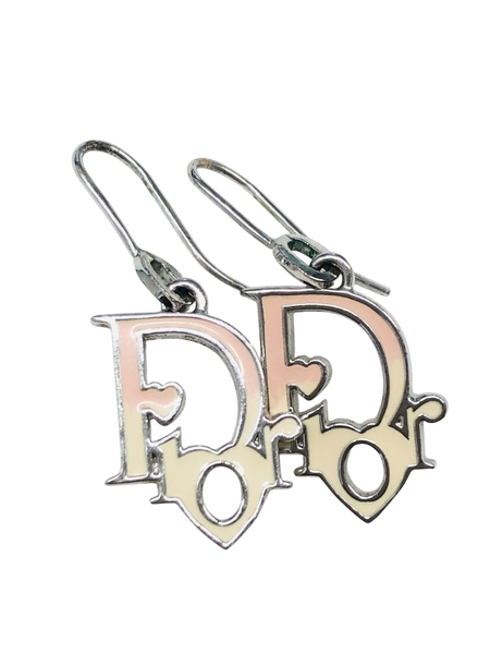 Christian Dior Monogram Logo Pastel Pink Cream Silver Earrings
