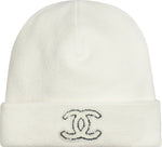CHANEL Ivory Frayed-CC Cashmere Beanie hat