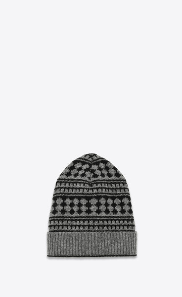 Saint Laurent Paris Hedi 2015 Knit Grey Black Geometric Jacquard Pattern Beanie Hat - Undothedone