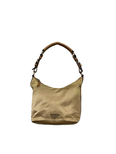 Prada Nylon Cream Beige Logo Leather Handle Bag