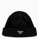 Prada Black Logo Cashmere Wool Beanie Hat