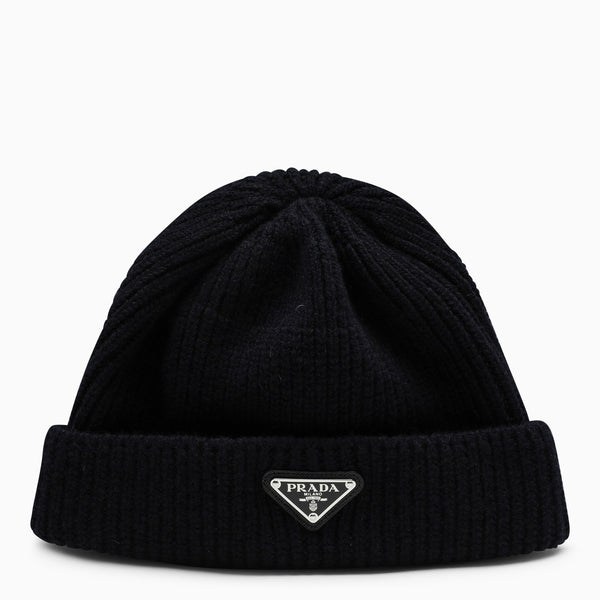 Prada Black Logo Cashmere Wool Beanie Hat