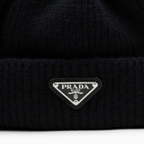 Prada Black Logo Cashmere Wool Beanie Hat