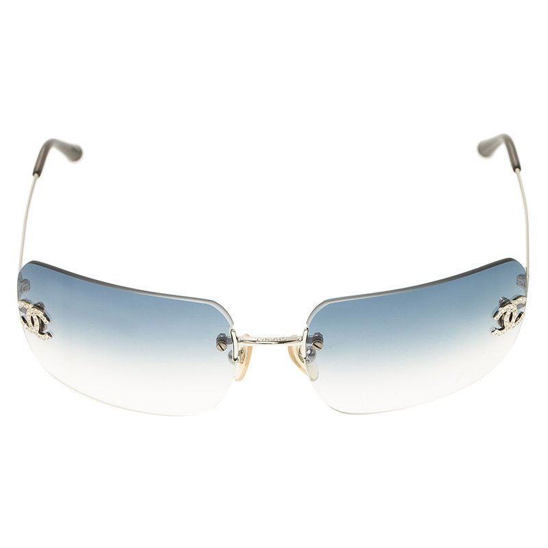 CHANEL, Accessories, Chanel Cc Logo Silver Blue Tinted Rhinestone  Sunglasses 47