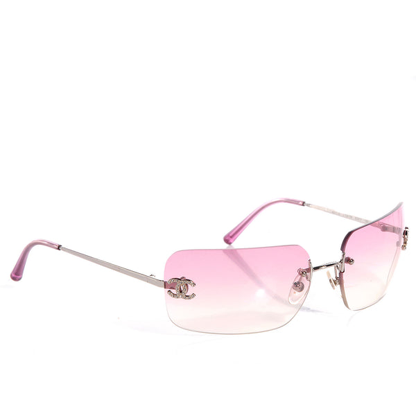 Chanel CC Logo Swarovski Rhinestone Pink Tinted Silver Sunglasses –  Undothedone