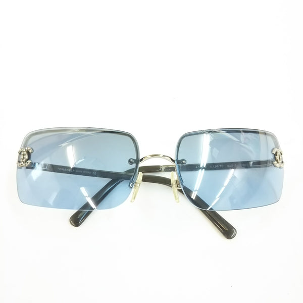 Chanel CC Logo Silver Blue Tinted Rhinestone Sunglasses 4104-B