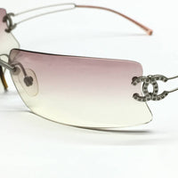 Chanel Rhinestone Pink Tinted Gold CC Logo Rimless Sunglasses